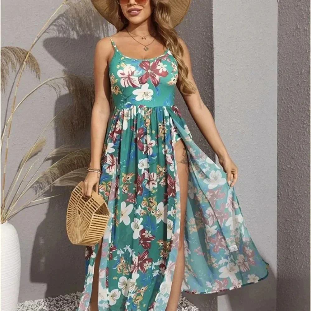 Women Summer Spaghetti Strap Romper Split Maxi Party Casual Dress - Picture 3 of 6